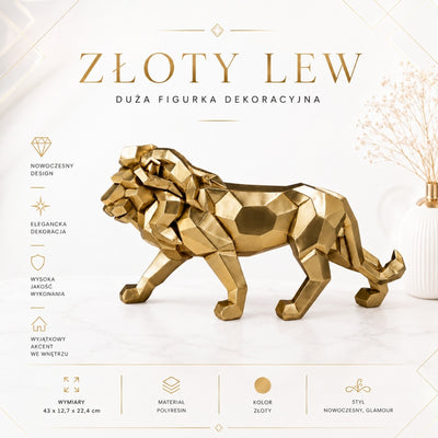 Duża Figurka Lwa Złotego 43cm z Możliwością Personalizacji Grawerem - Elegancka Ozdoba na Prezent, Wysokiej Jakości Polyresin, Nowoczesny Styl Glamour
