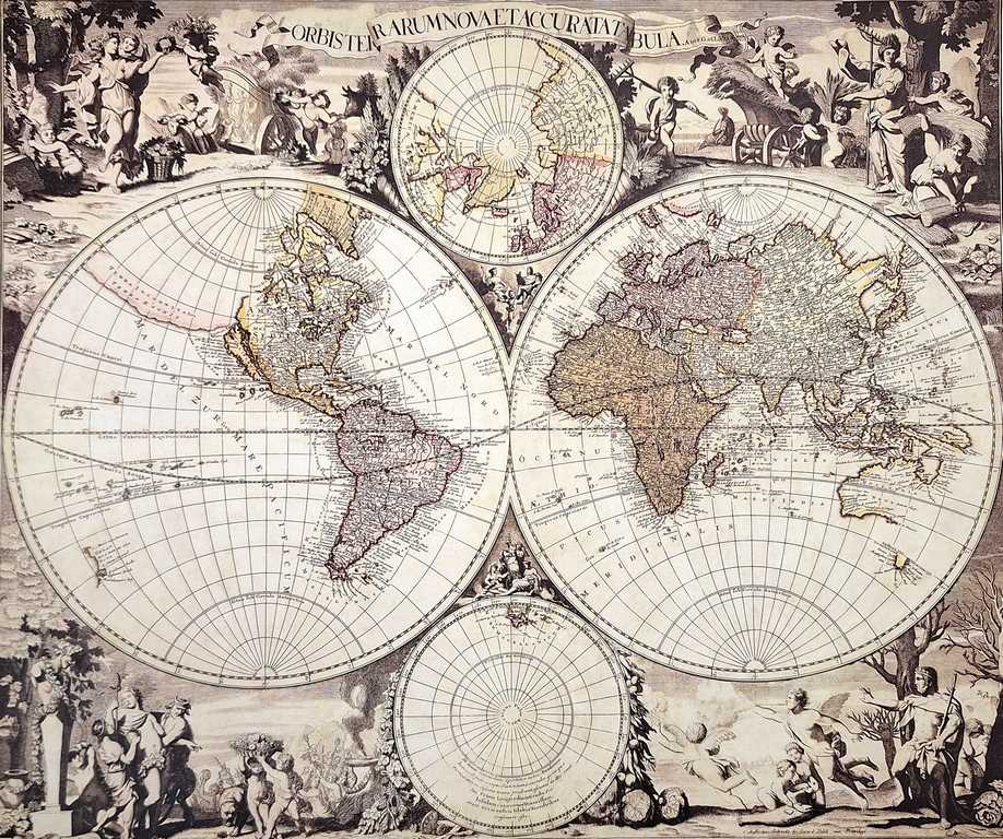 Mapa sveta 1686r. - G. Valck reprint s možnosťou personalizácie gravírovaním - ideálny darček pre historika a cestovateľa - rozmery 56,5 x 47,5 cm