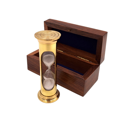 Presýpacie hodiny ROUND STP99 v drevenej krabičke s možnosťou personalizácie gravírovaním, mosadzné, zlatisté, 3 minúty, ideálny darček pre milovníkov RPG a držiteľov Guinnessových rekordov