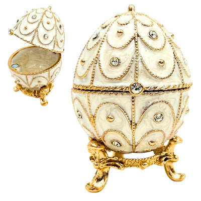 Exkluzívna kovová šperkovnica vajce Fabergé s kryštálikmi v bielo-zlatej farbe s možnosťou personalizácie gravírovaním