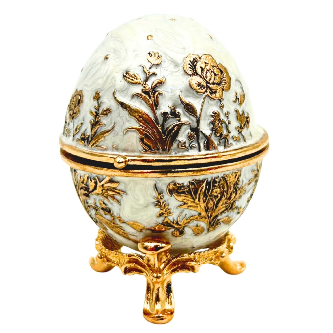 Exkluzívna kovová šperkovnica vajce Fabergé s kryštálikmi v bielo-zlatej farbe s možnosťou personalizácie gravírovaním