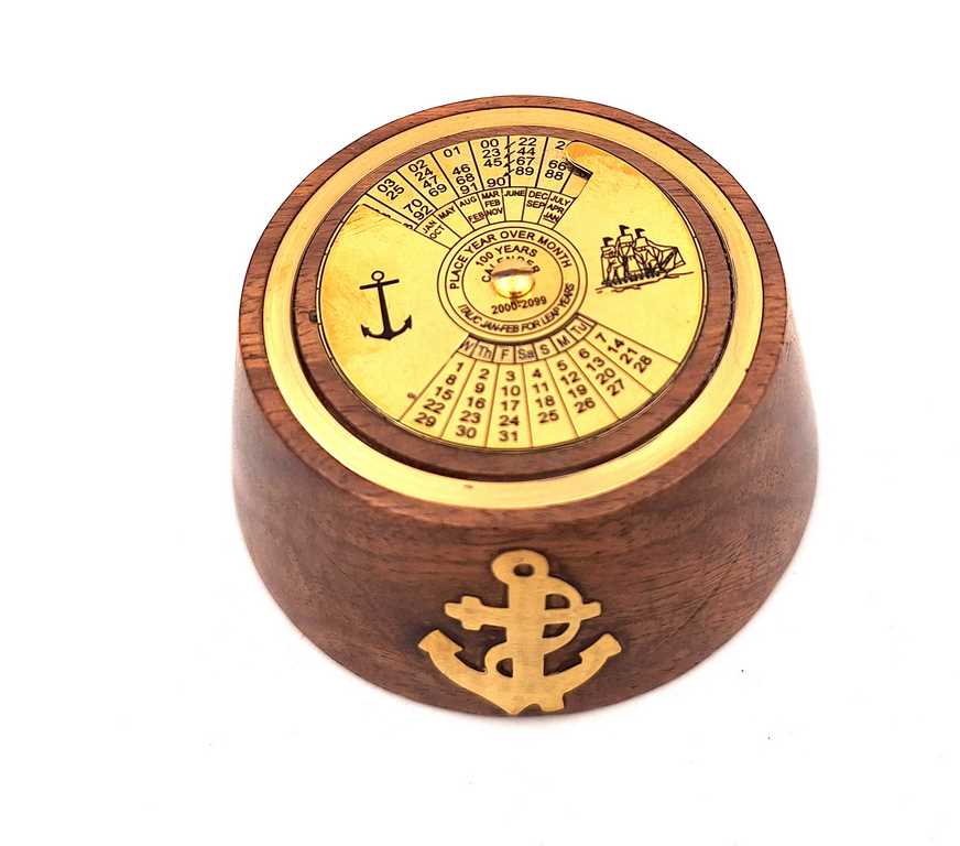 Elegancki kalendarz wieczysty mosiężno-drewniany z możliwością personalizacji grawerem, idealny na prezent - brązowy i złoty, wymiary 7,5 x 3,5 cm