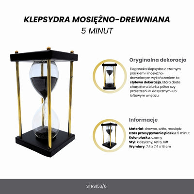 Mosadzno-drevené presýpacie hodiny 5 minút s čiernym pieskom s možnosťou personalizácie gravírovaním – elegantná retro dekorácia ako darček s výškou 16 cm