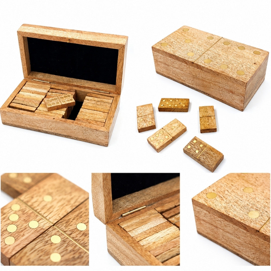 Drewniane Domino z Mango w Pudełku z Grawerem - Personalizowany Prezent dla Dorosłych, 28 Płytek, Zdobienia Mosiężne, Wymiary Pudełka 15 x 8 x 4,5 cm