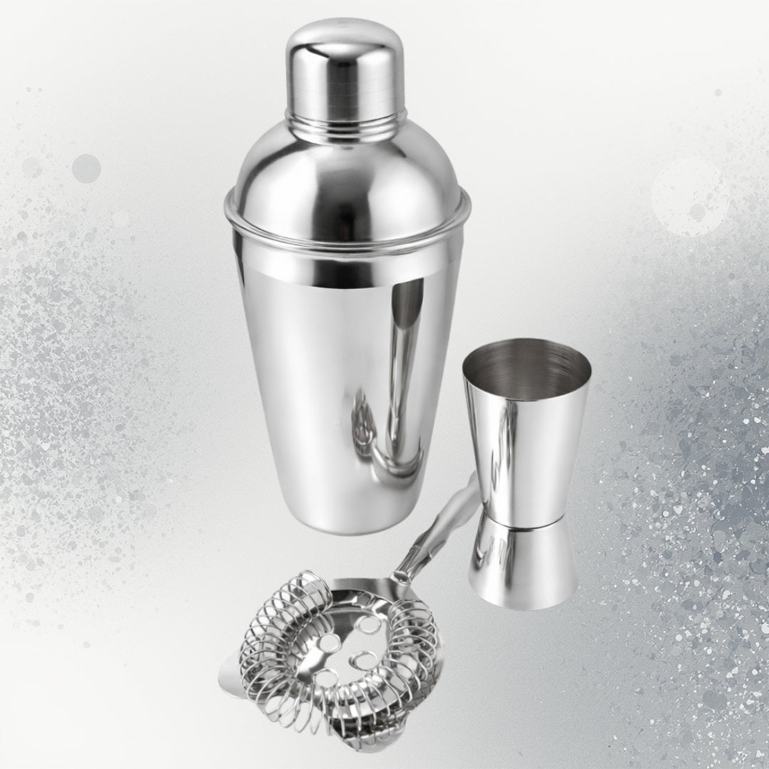 Barmanská súprava Steel, 3 diely, s možnosťou personalizácie gravírovaním - šejker 750 ml, jigger 15/30 ml, strainer - elegantný darček pre milovníkov drinkov, nehrdzavejúca oceľ, strieborná farba