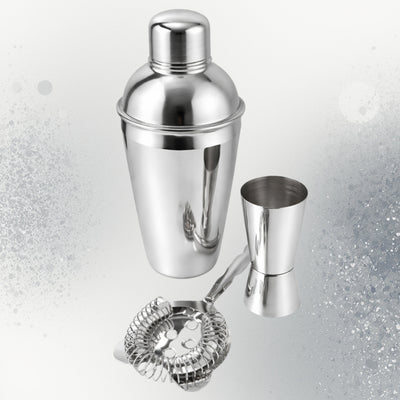Barmanská súprava Steel, 3 diely, s možnosťou personalizácie gravírovaním - šejker 750 ml, jigger 15/30 ml, strainer - elegantný darček pre milovníkov drinkov, nehrdzavejúca oceľ, strieborná farba