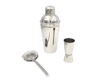 Barmanská súprava Steel, 3 diely, s možnosťou personalizácie gravírovaním - šejker 750 ml, jigger 15/30 ml, strainer - elegantný darček pre milovníkov drinkov, nehrdzavejúca oceľ, strieborná farba