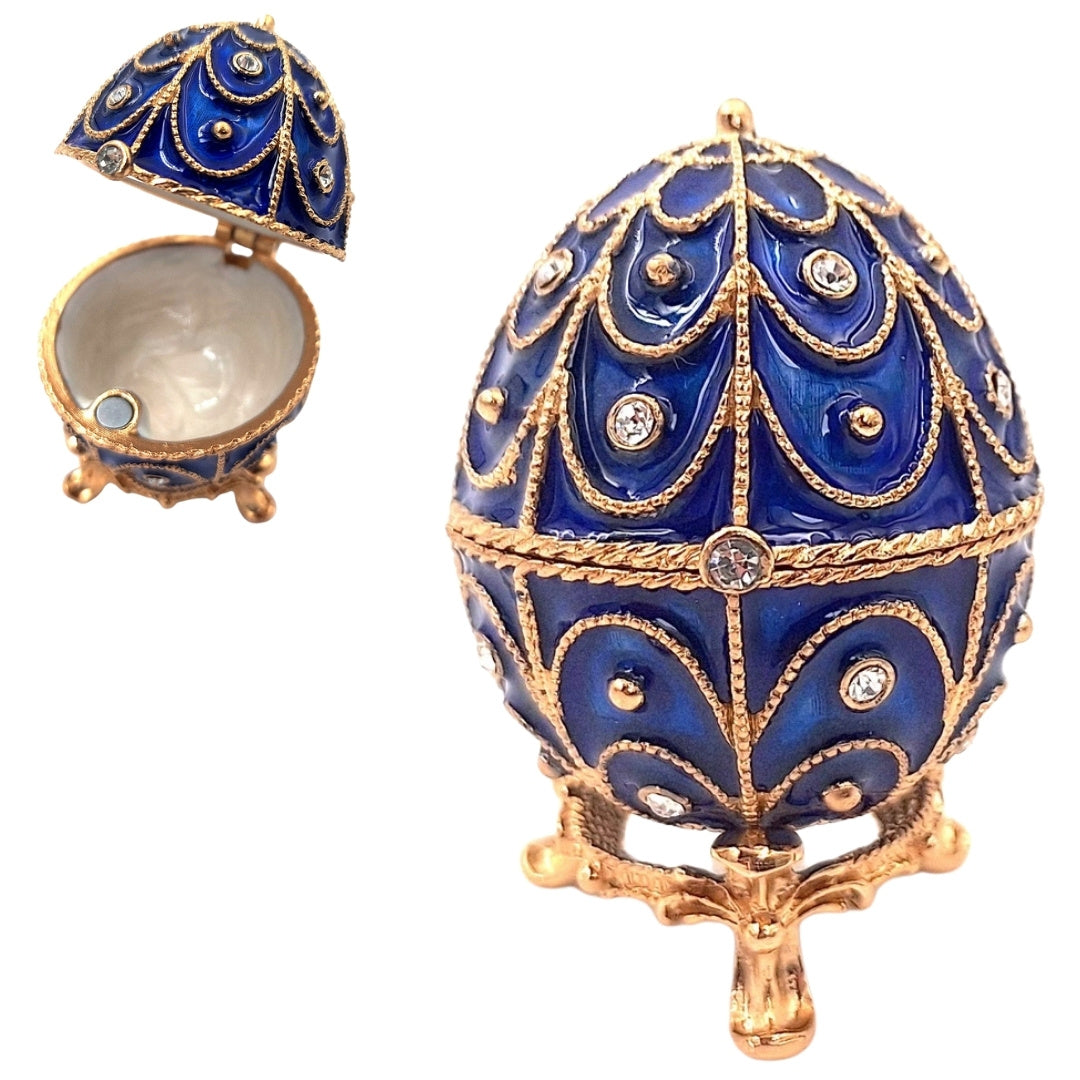 Exkluzívna kovová šperkovnica s kryštálikmi v tvare Fabergého vajíčka, tmavomodro-zlatá, 5,5x6,5cm s možnosťou personalizácie gravírovaním