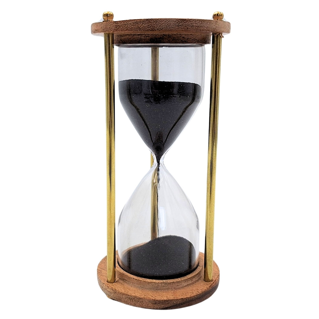Klepsydra Mosiężno-Drewniana 5 minut z Personalizowanym Grawerem – Elegancka Dekoracja Retro na Prezent – Wysokość 15,5 cm, Czarny Piasek, Mosiądz i Drewno