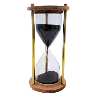 Klepsydra Mosiężno-Drewniana 5 minut z Personalizowanym Grawerem – Elegancka Dekoracja Retro na Prezent – Wysokość 15,5 cm, Czarny Piasek, Mosiądz i Drewno