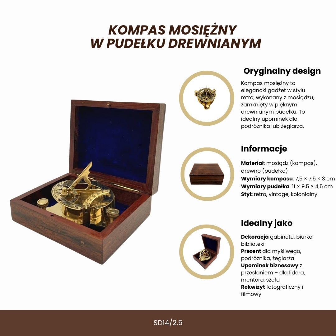 Mosadzný kompas Dollond v drevenej škatuľke s funkciou slnečných hodín - ideálny darček s možnosťou gravírovania - antický štýl, rozmery 7,5 x 7,5 x 3 cm