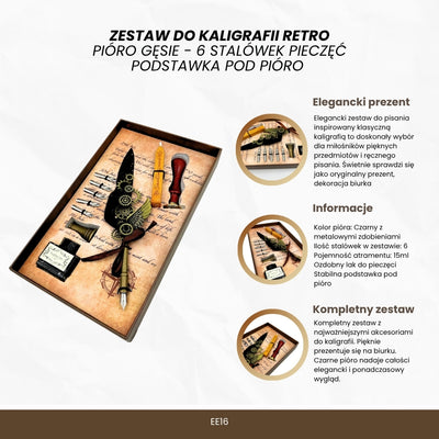 Prémiová kaligrafická súprava s husacím perom, 6 vymeniteľnými hrotmi, pečaťou a stojanom