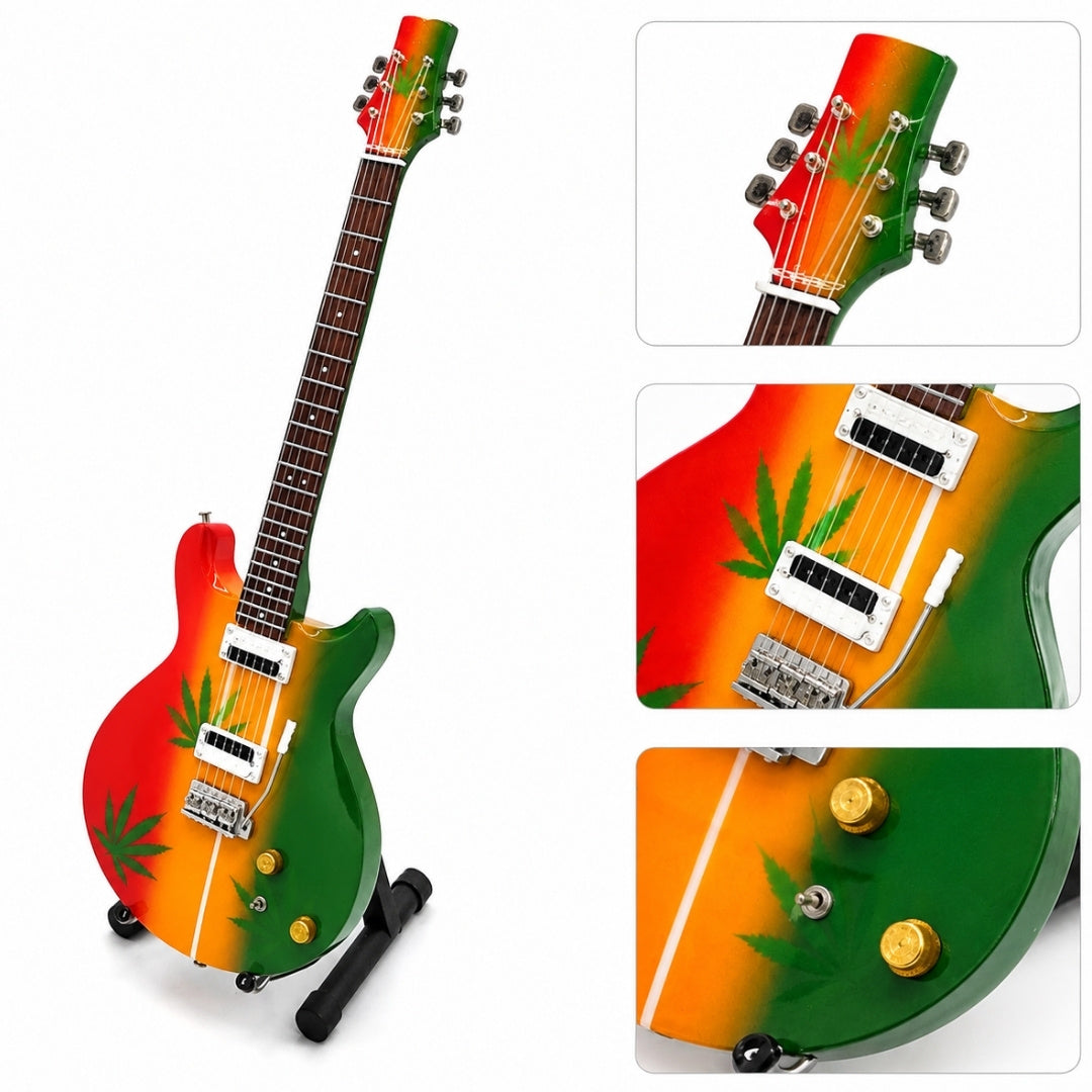 Mini gitara Bob Marley Tribute Ganja MGT-0468 s možnosťou personalizácie gravírovaním, ideálny darček pre fanúšikov reggae, ručne vyrobená z mahagónového dreva, výška 27,5 cm, farba žltá, červená, zelená, biela