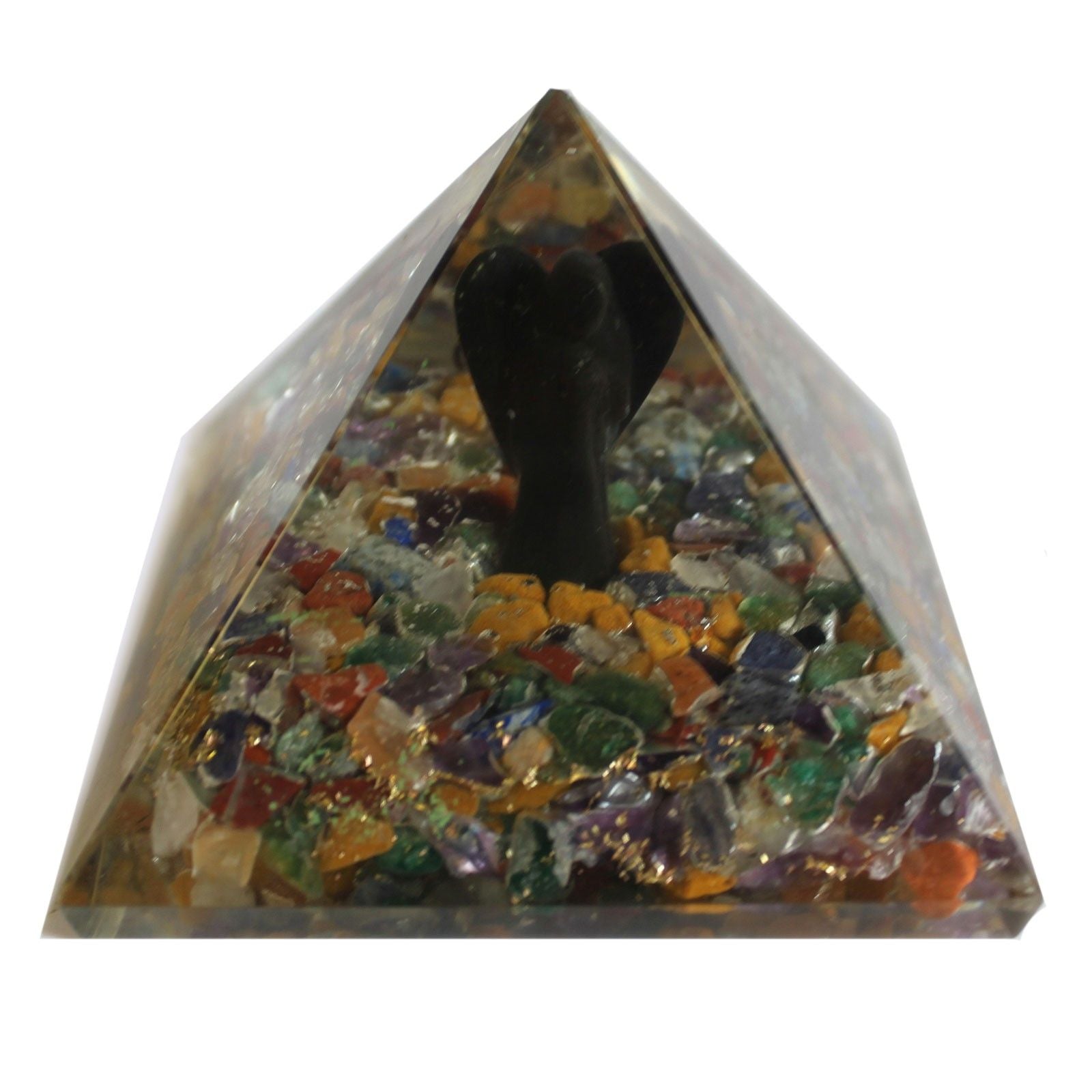 Magická orgonitová pyramída 70 mm - anjel s ezoterickými predmetmi, zelenkastým vnútrom a ručnou úpravou