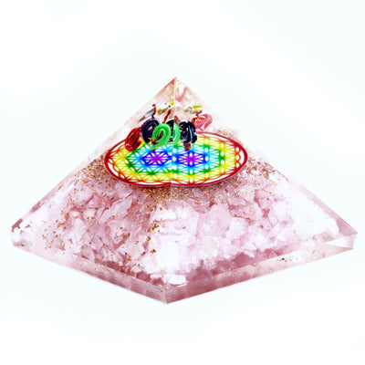 Orgonitová pyramída z ruženínu s dúhovým vzorom Kvetu života