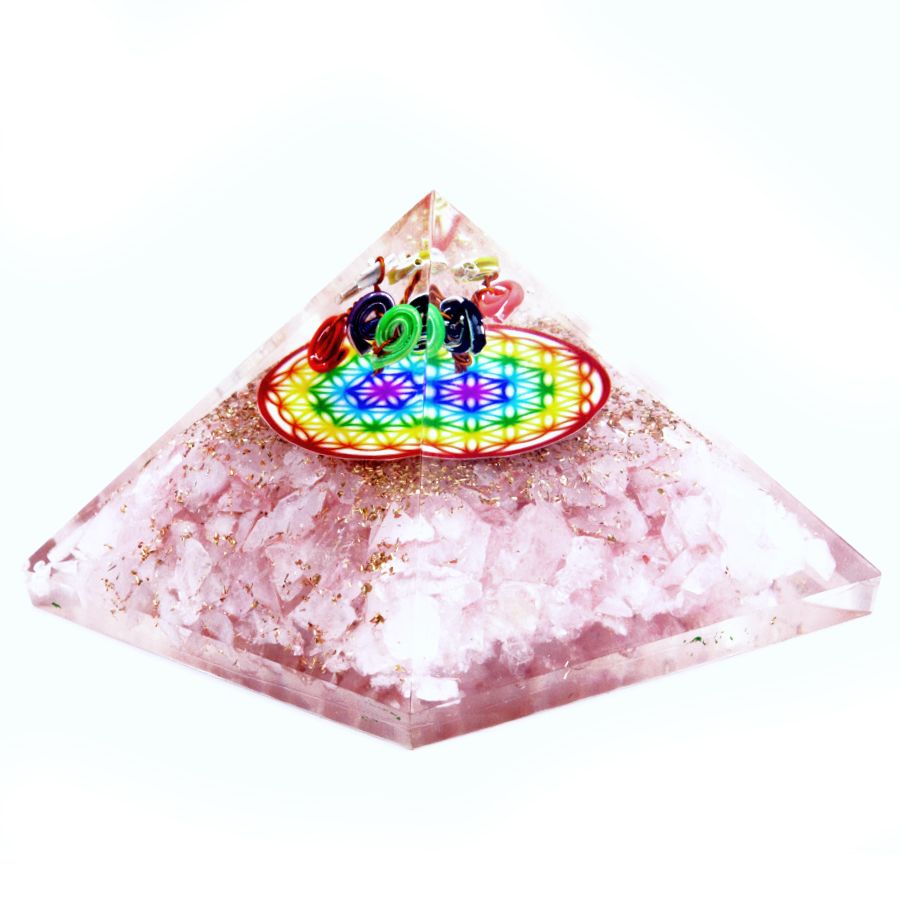 Orgonitová pyramída z ruženínu s dúhovým vzorom Kvetu života
