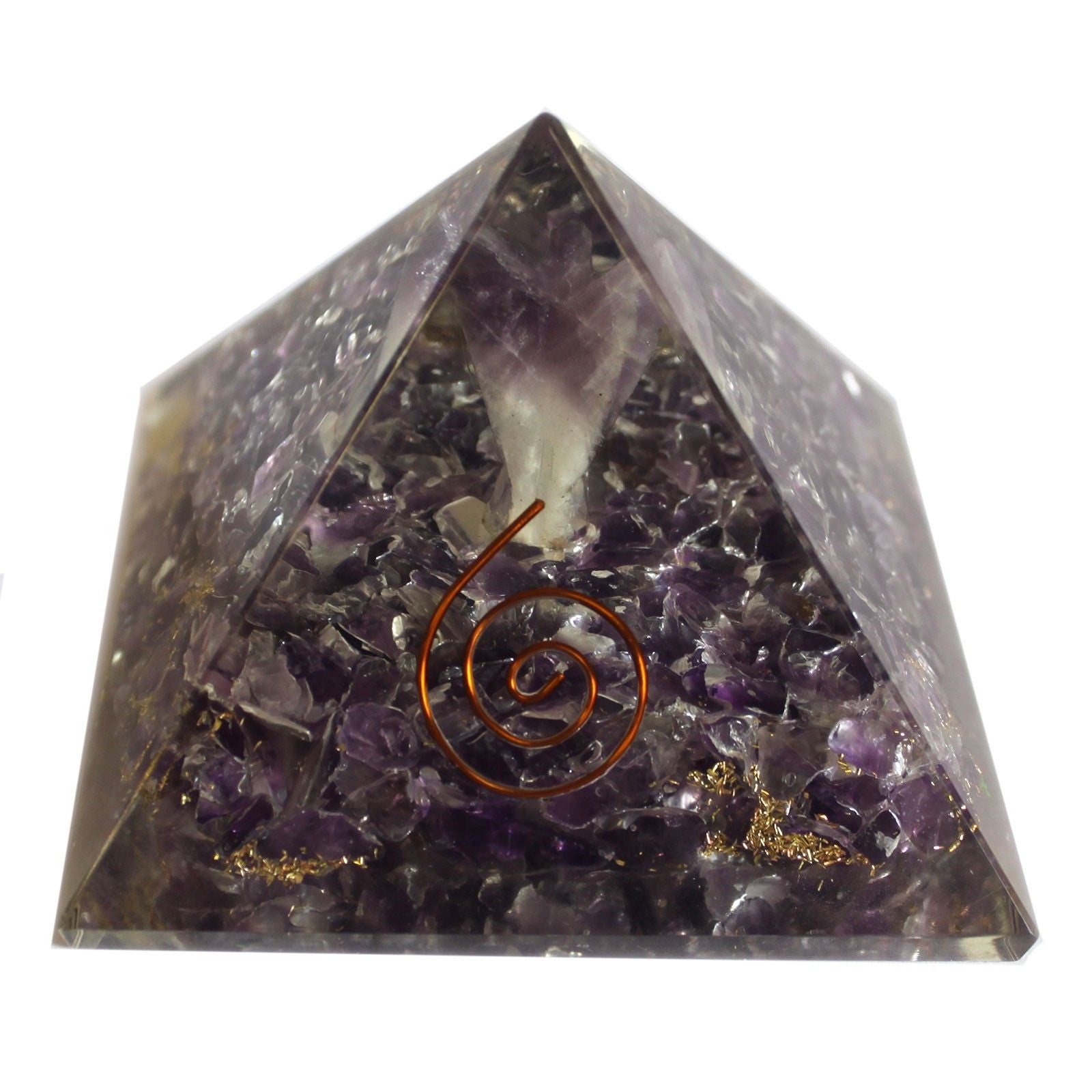 Magická orgonitová pyramída 70 mm - anjel s ezoterickými predmetmi, zelenkastým vnútrom a ručnou úpravou