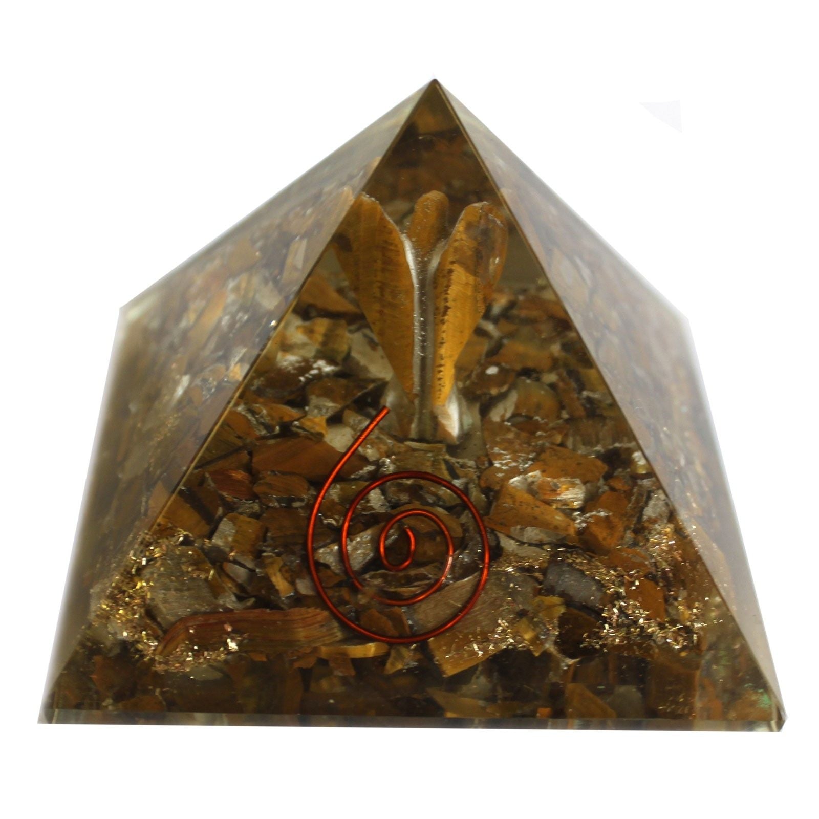 Magická orgonitová pyramída 70 mm - anjel s ezoterickými predmetmi, zelenkastým vnútrom a ručnou úpravou