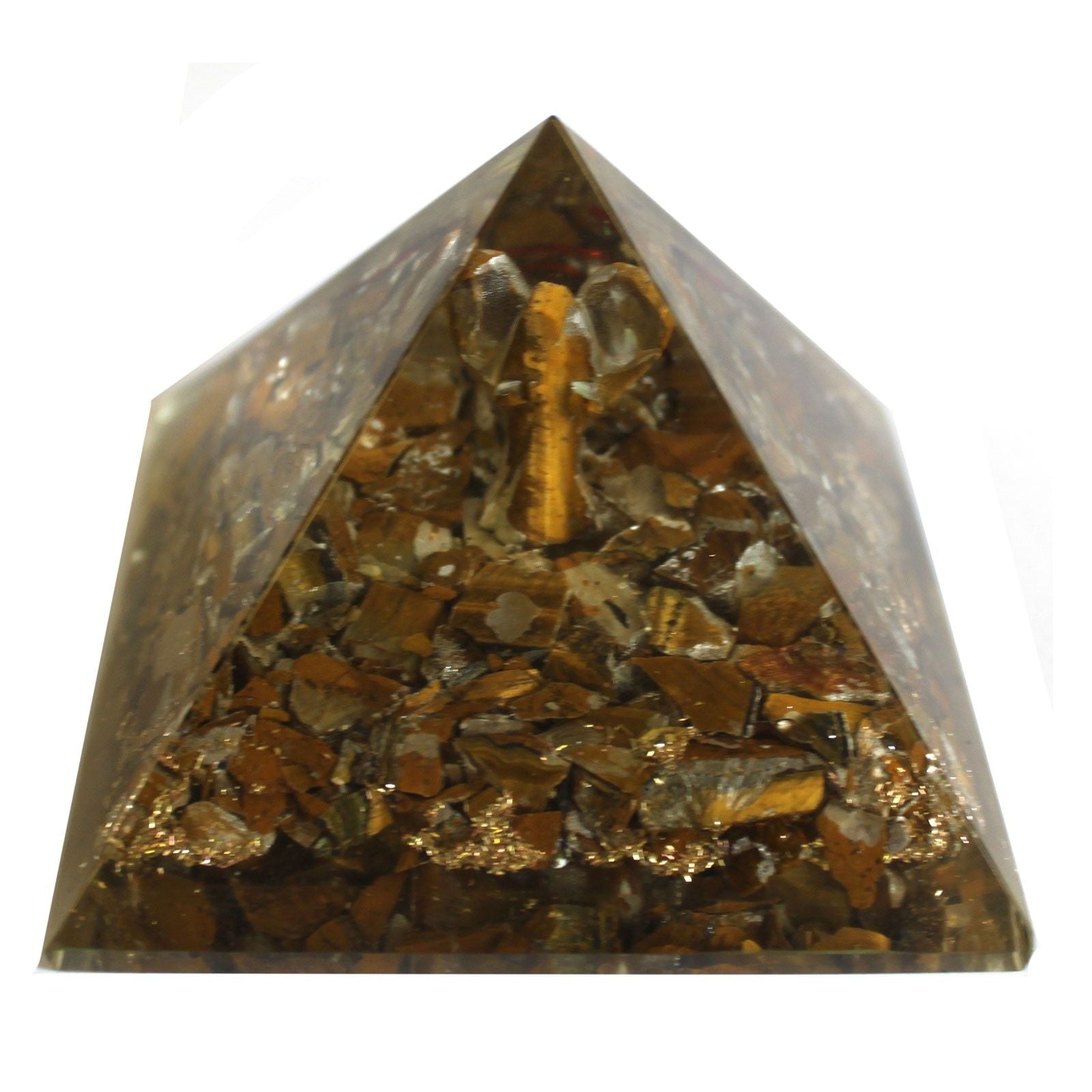 Magická orgonitová pyramída 70 mm - anjel s ezoterickými predmetmi, zelenkastým vnútrom a ručnou úpravou