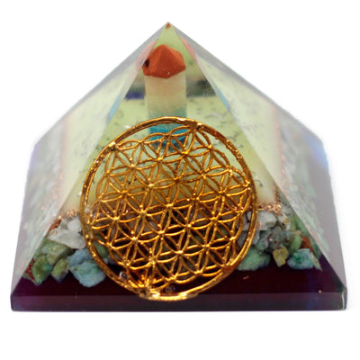 Lrg Organite Pyramid 70mm z symbolem kwiatu życia