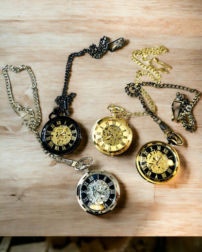 Retro vreckové hodinky – mechanické, farba brúsené zlato s čiernou, luxusné, vodotesné, poloautomatické, personalizácia s gravírovaním