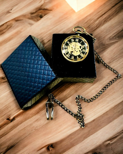 Retro vreckové hodinky – mechanické, farba brúsené zlato s čiernou, luxusné, vodotesné, poloautomatické, personalizácia s gravírovaním