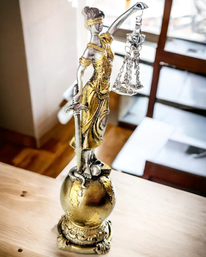 Soška Bohyne Spravodlivosti – Umelecká Dekorácia na Poličku, Remeslo z Živice, personalizácia gravírovaním