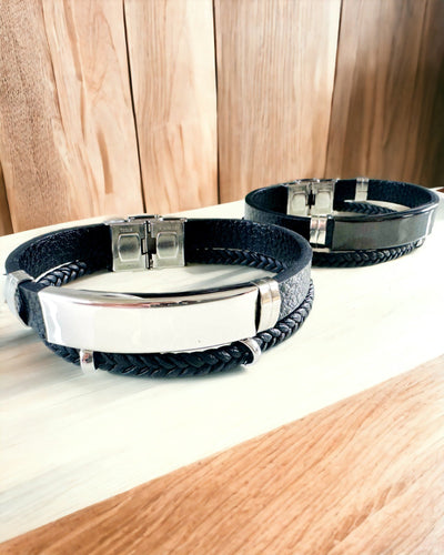 Pánsky náramok z PU kože a nehrdzavejúcej ocele s možnosťou gravírovania – Dostupný v dvoch farebných variantoch