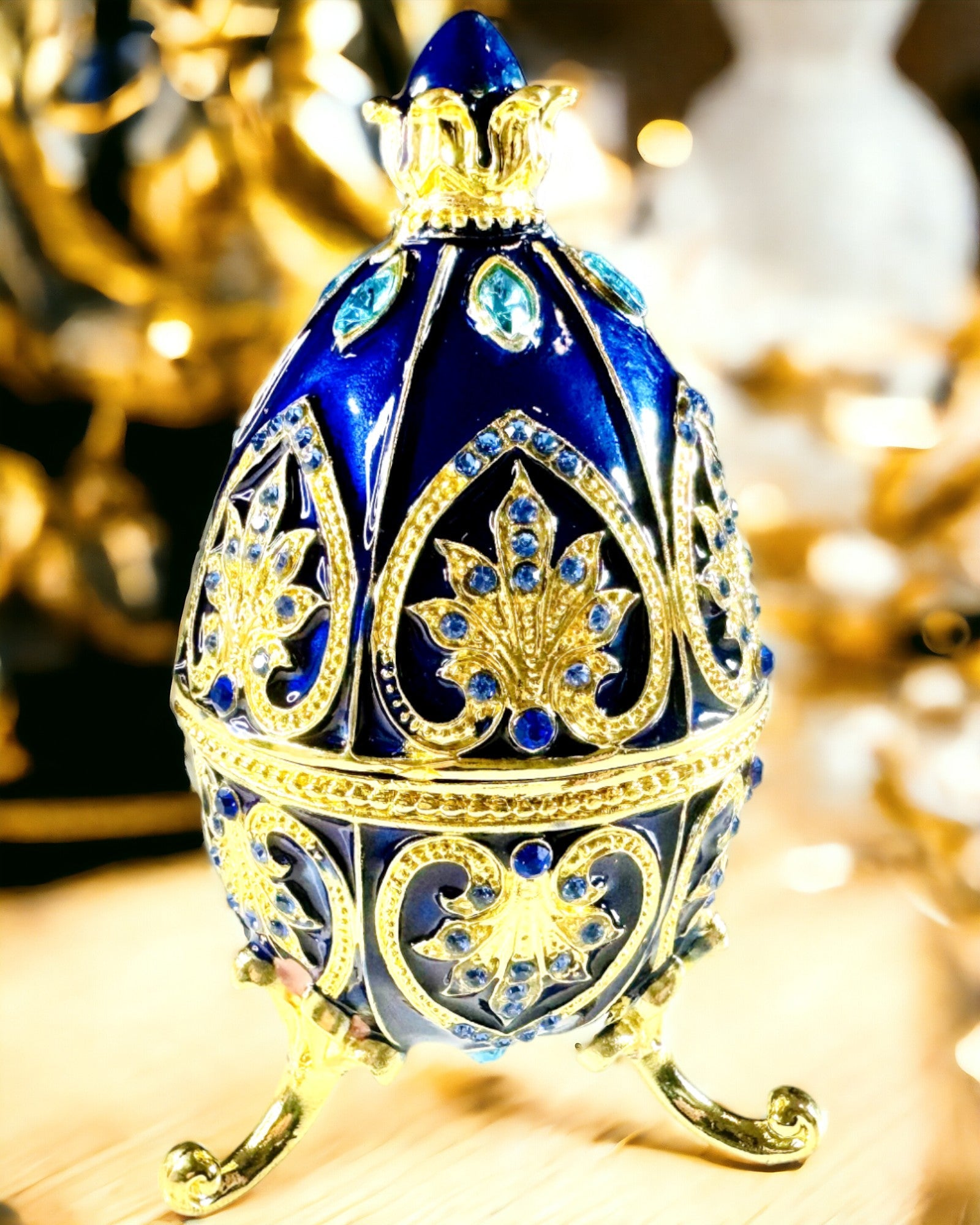 Exkluzívne Fabergého vajce - tmavomodrá farba – Dekoratívna šperkovnica zo smaltu