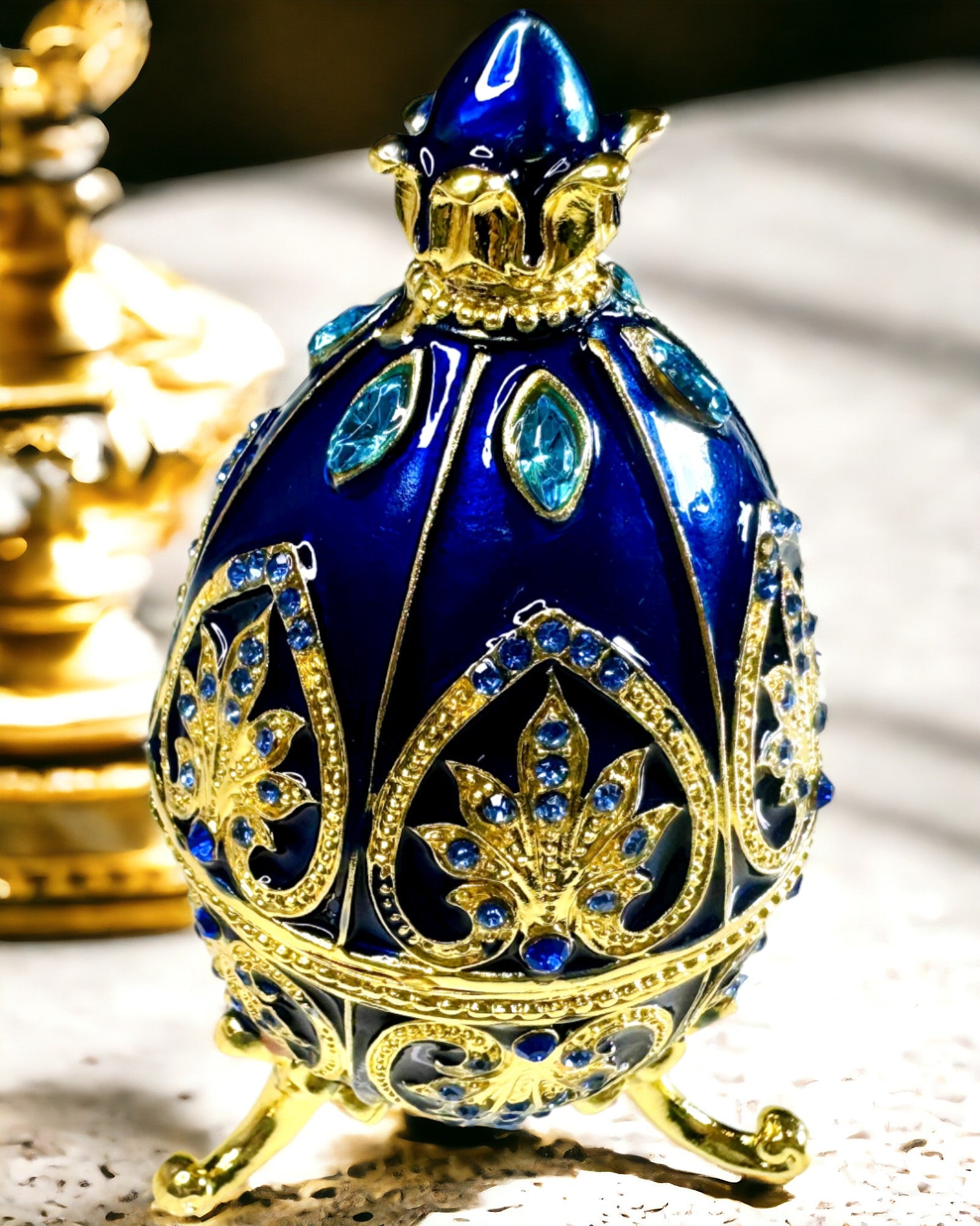 Exkluzívne Fabergého vajce - tmavomodrá farba – Dekoratívna šperkovnica zo smaltu