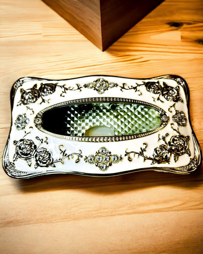 Box na vreckovky s reliéfnym vzorom ruže - elegantný doplnok do interiéru, biele