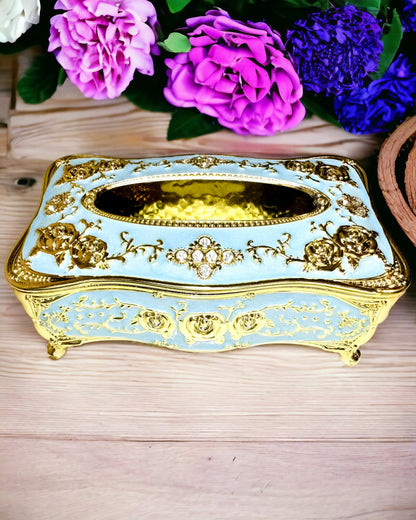 Luxusová krabička na vreckovky s reliéfnym vzorom ruže a elegantnými úchytmi