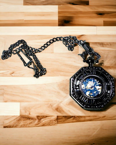 Klasické osemuholníkové mechanické vreckové hodinky Steampunk v čiernej farbe, gravírovanie