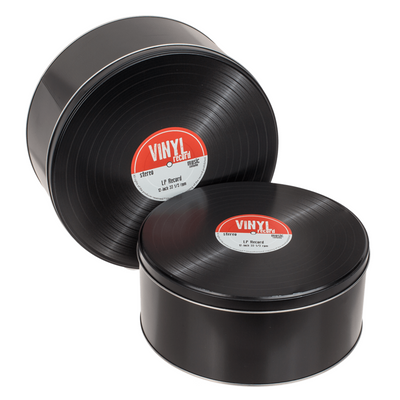 Kovové krabičky, štylizované ako vinylové platne v retro štýle, možnosť personalizácie gravírovaním
