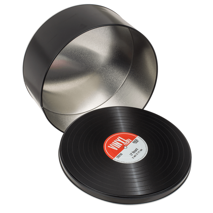 Kovové krabičky, štylizované ako vinylové platne v retro štýle, možnosť personalizácie gravírovaním