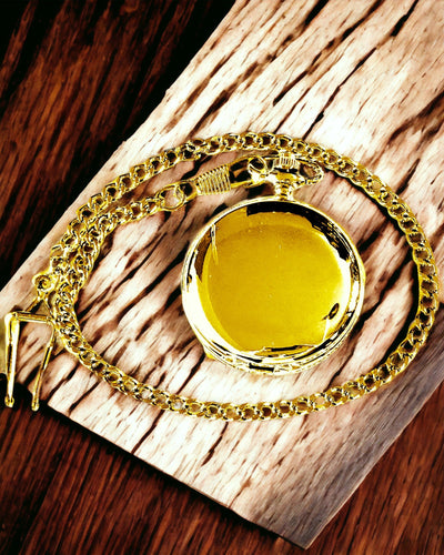 Klasické vreckové mechanické hodinky s dvojitým krytom, manuálne, zlatá farba, s gravírovaním